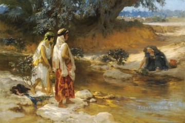 three women at the table by the lamp Painting - AT THE WATERs EDGE Frederick Arthur Bridgman